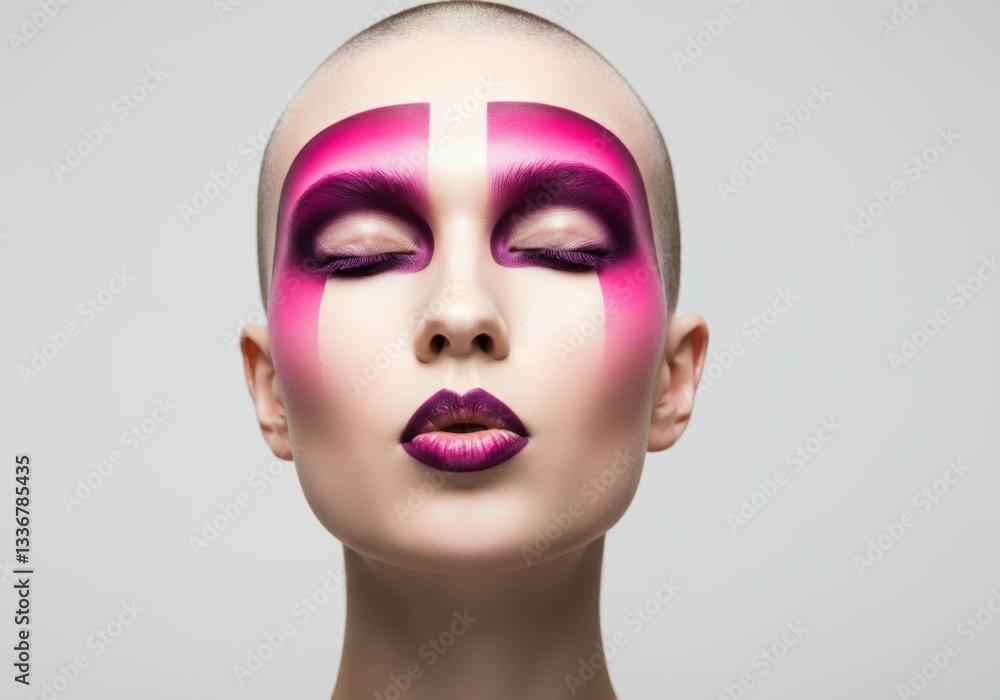 Bold makeup design featuring striking pink and purple colors on a model's face