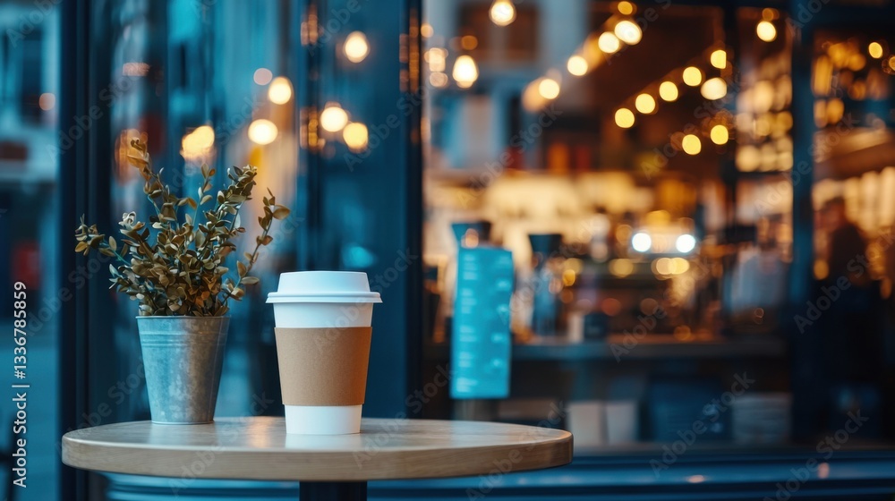 Coffee cup on a table with a flower arrangement and warm lights in a cozy café setting. Coffee cup on a table with a flower arrangement and warm lights in a cozy café setting.