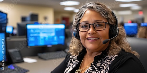 friendly older latina female customer service worker talking on headset in cubicle at call center 