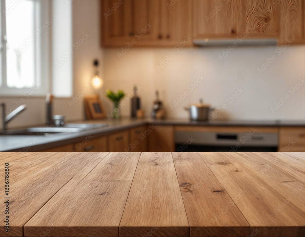 Empty wooden table with the bright white interior of the kitchen as a blurred background behind the bokeh golden sunshine Empty wooden table with the bright white interior of the kitchen as a blurred background behind the bokeh golden sunshine