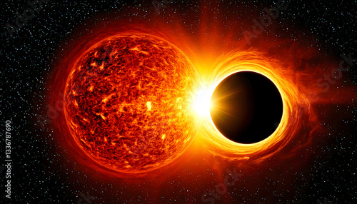 Massive Black Hole Colliding with a Fiery Red Sun – Cosmic Phenomenon

