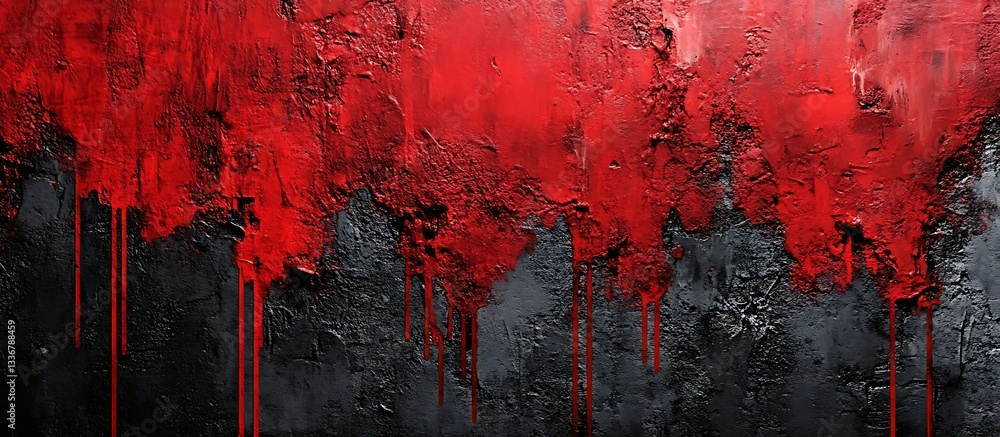 Red paint drips on dark textured wall