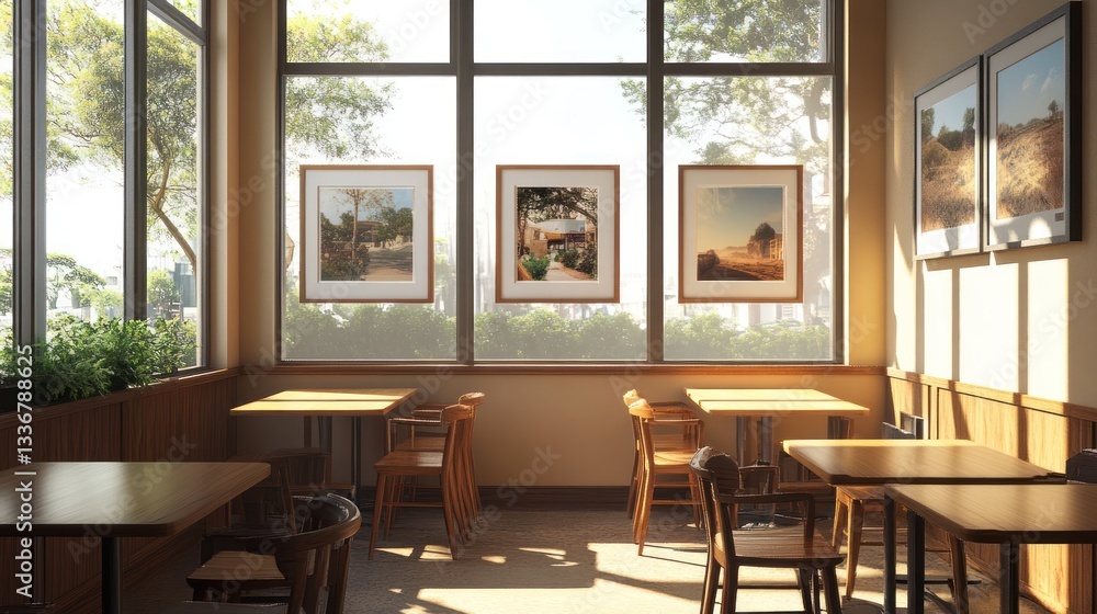 Fototapeta premium Sunny cafe interior with framed photos