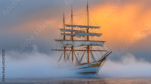 Obraz na płótnie Majestic sailing ship in morning mist w salonie