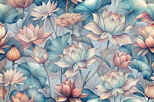 Wallpaper Mural Floral Pattern with Lotus Flowers and Leaves Torontodigital.ca