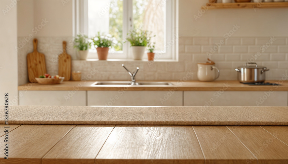 Fototapeta premium Empty wooden table with the bright white interior of the kitchen as a blurred background behind the bokeh golden sunshine