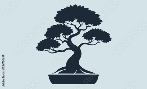 Bonsai tree silhouette, potted bonsai icon, tree vector illustration