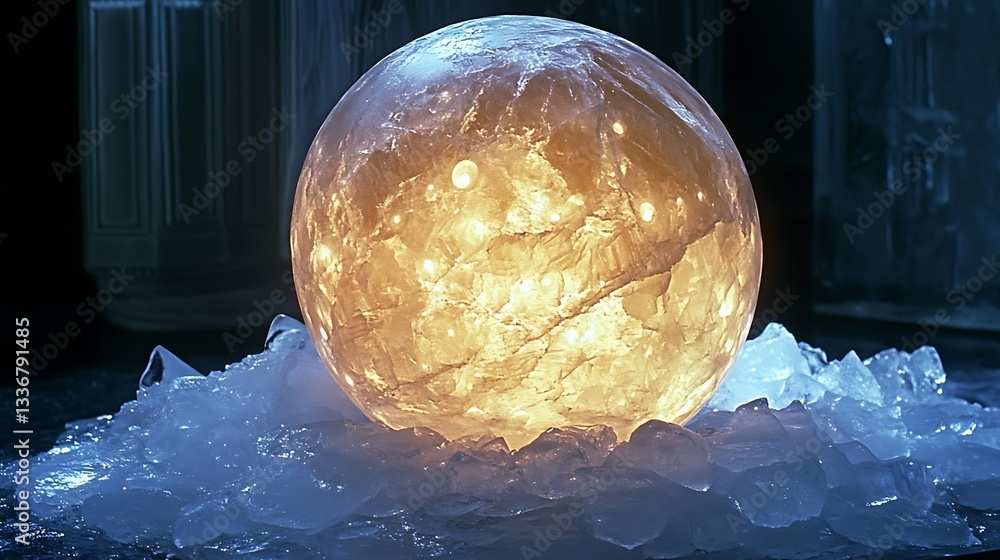 Glowing sphere on ice, dark background