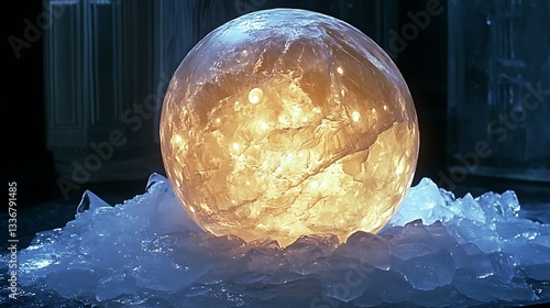 Obraz na płótnie Glowing sphere on ice, dark background w salonie
