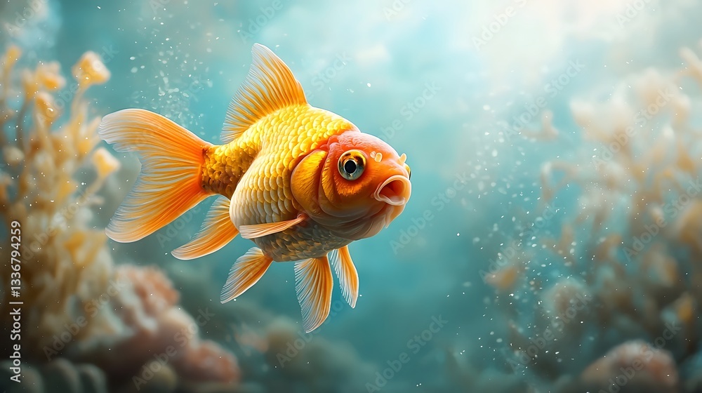 An elegant and chubby ranchu goldfish with a round plump body swimming gracefully in a crystal clear pristine aquarium An elegant and chubby ranchu goldfish with a round plump body swimming gracefully in a crystal clear pristine aquarium