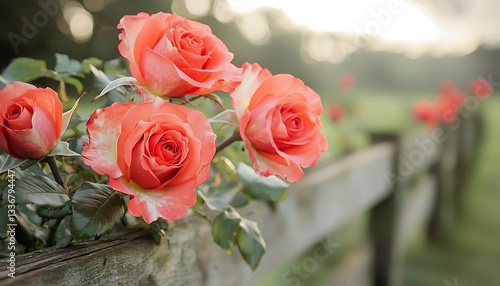 Coral Roses for Rustic Fence, Sunset Field. photo