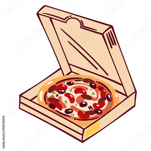 Open cartoon carton box with pizza. Funny cardboard packaging with hot whole tomato and pepperoni pizza for eating. Pizzeria order, delivery mascot, cartoon stack container vector illustration