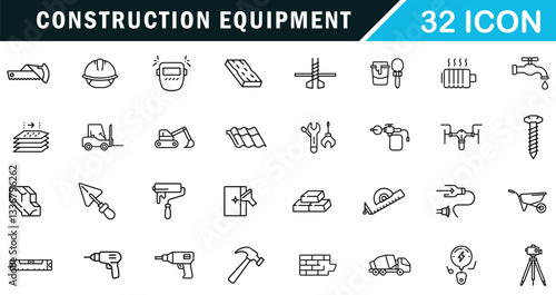 Construction Equipment outline editable icon set. hand, electric, machine tools and more.
