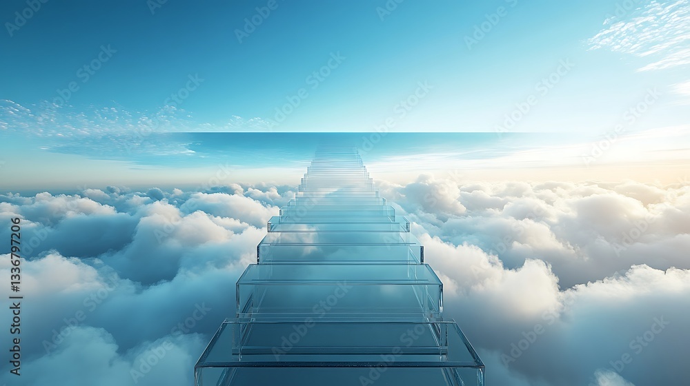 Glass stairs ascending into cloudscape