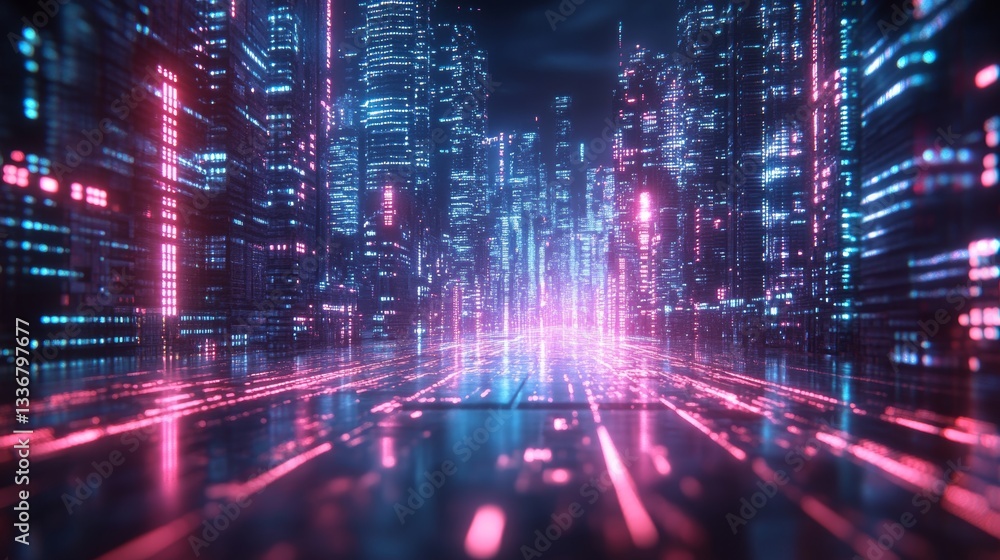 Dynamic futuristic cityscape urban environment digital art neon lights perspective innovation and technology Dynamic futuristic cityscape urban environment digital art neon lights perspective innovation and technology