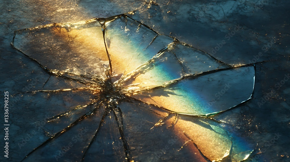 Shattered glass, rainbow refractions, dark surface