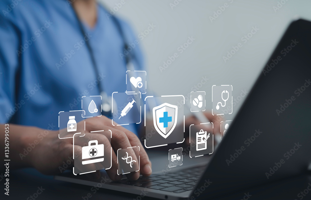 Naklejka premium Doctor working on a digital healthcare platform with floating interactive medical icons. telemedicine, cloud-based patient care and futuristic smart medical systems
