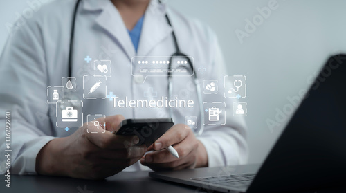 Canvas-taulu Doctor using smartphone and digital interface to perform a remote consultation, symbolizing telemedicine and AI-driven healthcare solutions