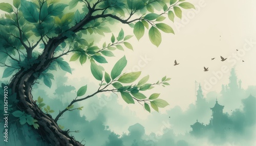 Nature scene with leaves serene landscape digital art calm environment aerial view tranquility