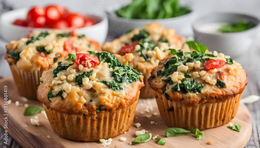 Savory muffins with quinoa, cheese and spinach topped with tomato, on a wooden board, horizontal, copy space Savory muffins with quinoa, cheese and spinach topped with tomato, on a wooden board, horizontal, copy space