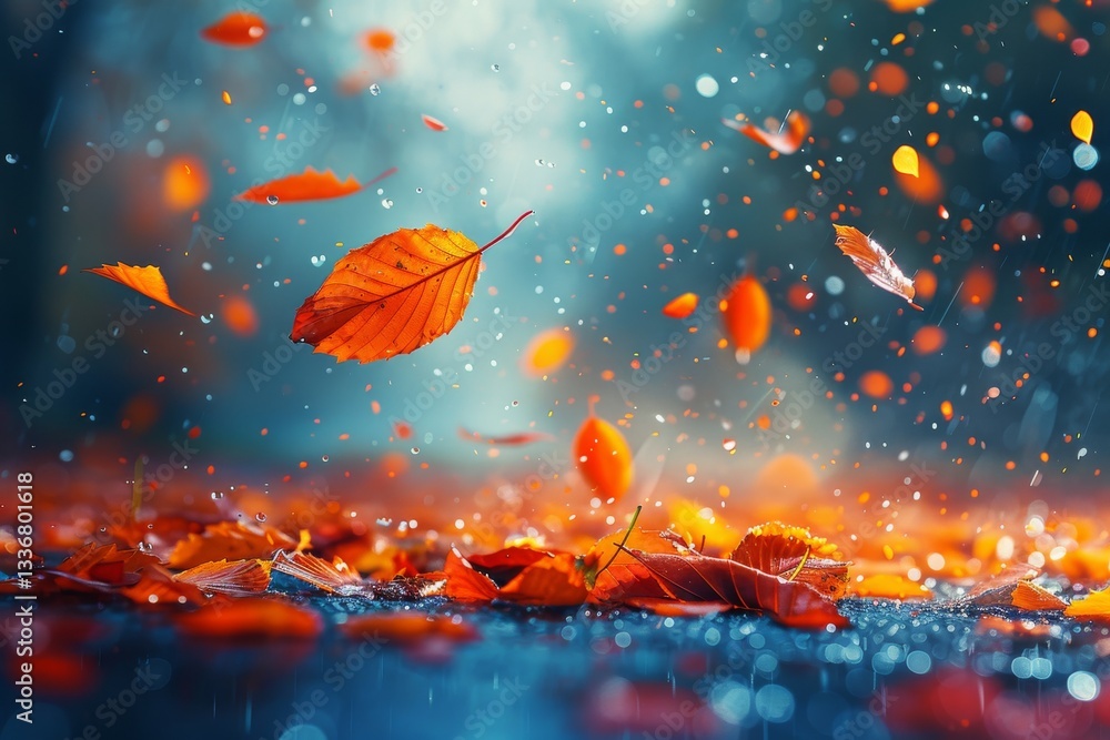Vibrant autumn leaves dancing in the rain during a serene fall day in a forest setting Vibrant autumn leaves dancing in the rain during a serene fall day in a forest setting