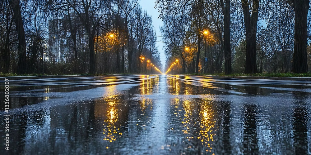 Rainy night, city street, tree-lined avenue, reflections