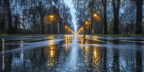Rainy night, city street, tree-lined avenue, reflections