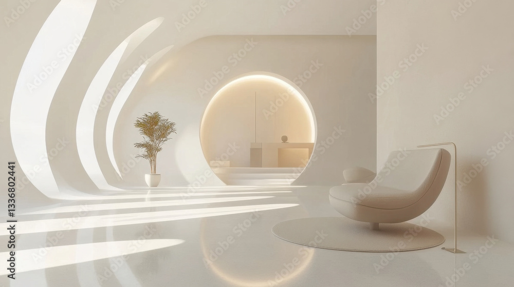 serene and modern interior featuring minimalist design with soft curves, natural light, and potted plant, creating calming atmosphere serene and modern interior featuring minimalist design with soft curves, natural light, and potted plant, creating calming atmosphere
