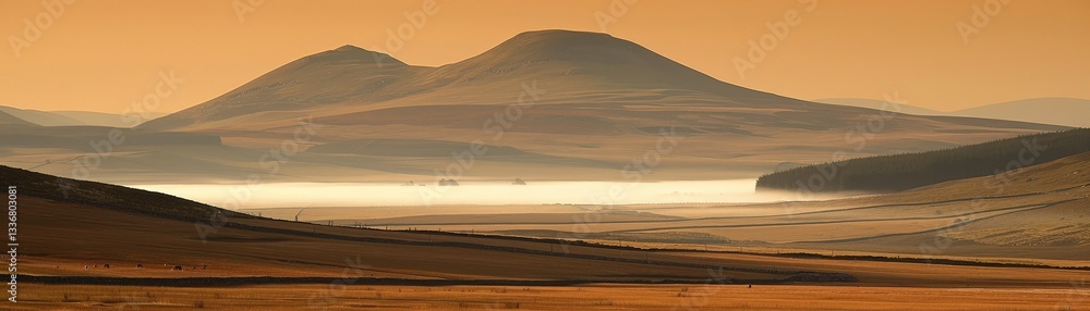 A mountain range is visible in the distance with a foggy mist in the foreground A mountain range is visible in the distance with a foggy mist in the foreground