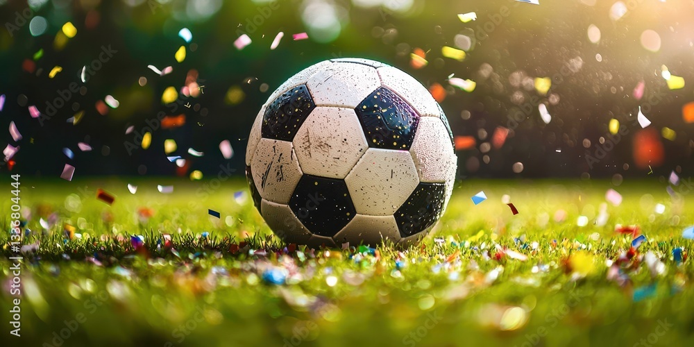 Fototapeta premium A soccer ball is on a field with confetti scattered around it