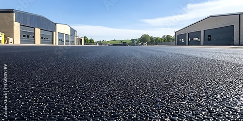 New asphalt, industrial buildings, sunny day