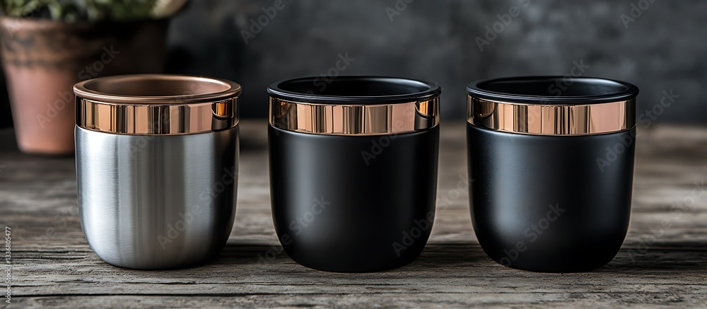 Three copper-rimmed mugs on wood