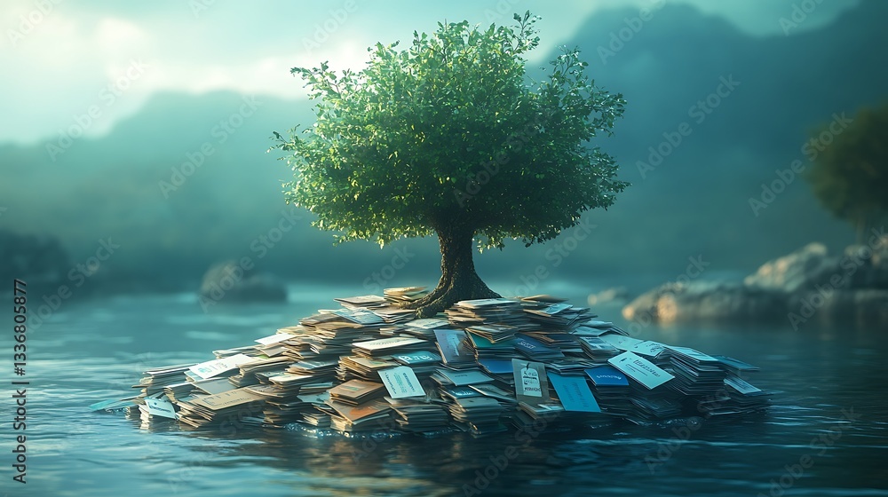 Tree growing from books in calm water