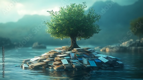 Obraz na płótnie Tree growing from books in calm water w salonie