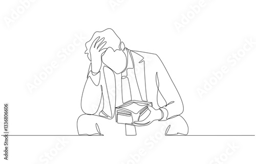 Continuous one line drawing of frustrated businessman with empty wallet, financial stress from losing money in business concept, single line art
