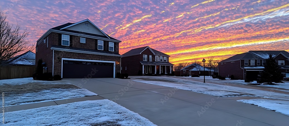 Sunset over suburban houses, snowy street