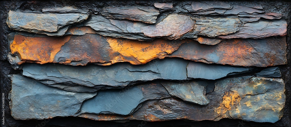 Layered stone texture, dark hues, earth tones