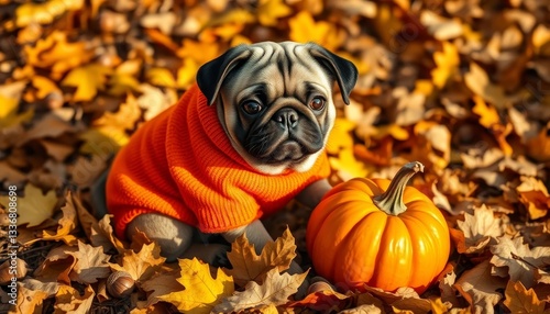 Adorable pug puppy in an autumnal orange sweater beside a small pumpkin amidst a carpet of fallen leaves. photo