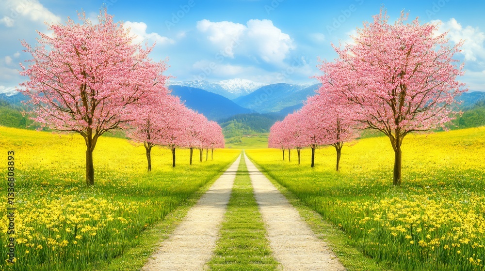Fototapeta premium A picturesque path winds through a field of flowers, flanked by blossoming trees under a vibrant sky