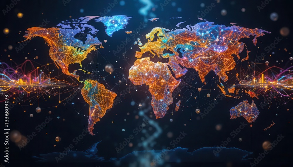 Fototapeta premium ESG diversity concept. A vibrant digital illustration of a world map, showcasing colorful lines and patterns representing global connections and data flow.