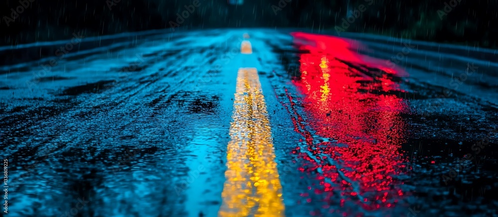 Rain-soaked road, glowing lines, night