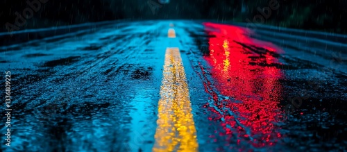 Obraz na płótnie Rain-soaked road, glowing lines, night w salonie