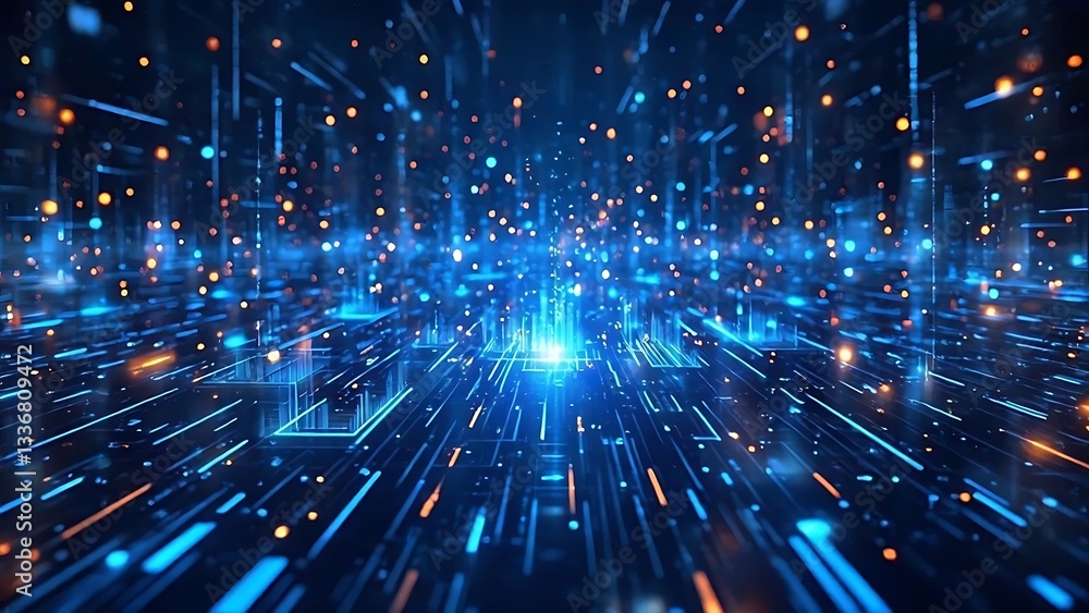 Fototapeta premium Digital Network, Data Flow, Abstract Futuristic Cityscape