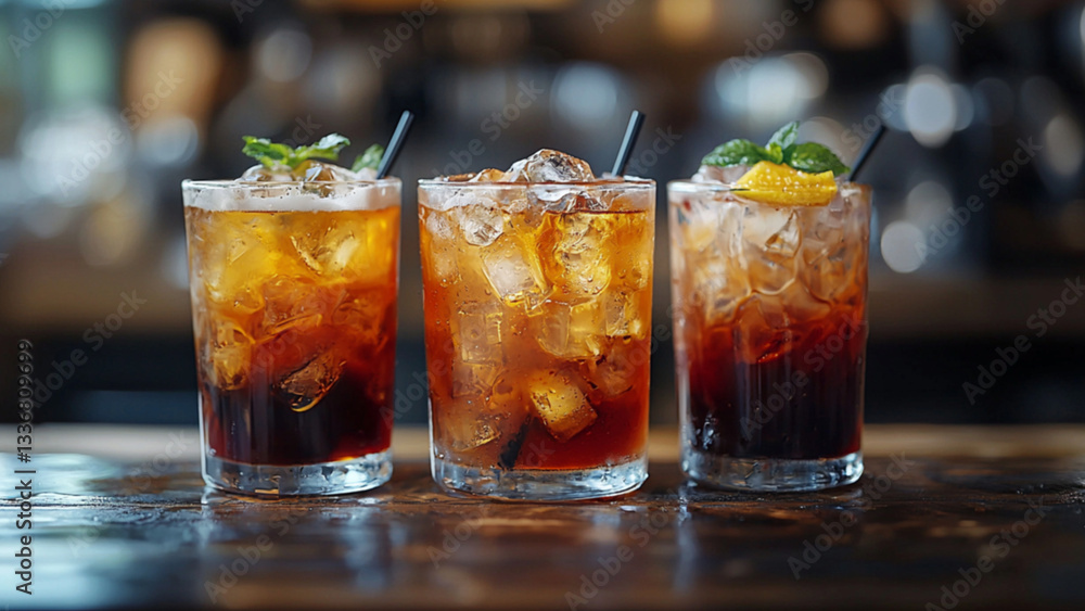 a coffee drink in collaboration, on the table we see 3 different drinks, with different glasses, colors and texture a coffee drink in collaboration, on the table we see 3 different drinks, with different glasses, colors and texture
