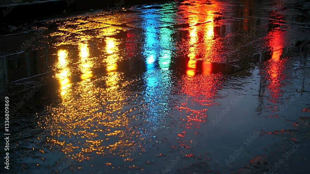 City lights reflected in rainy puddle