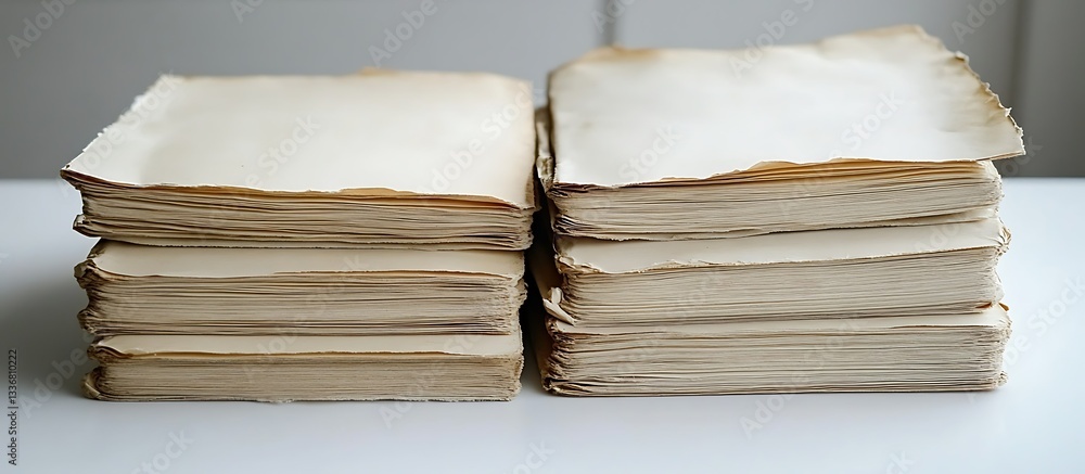 Stacked aged books on white surface