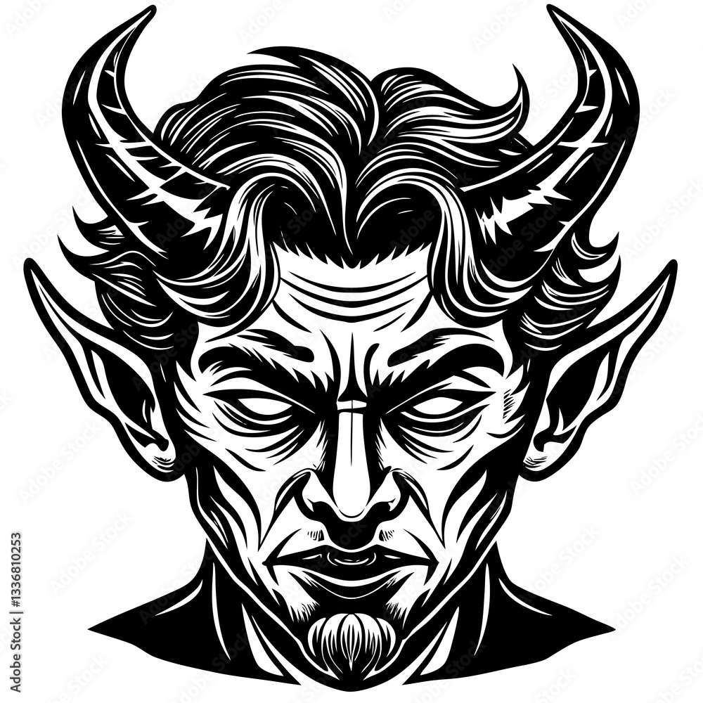 a detailed illustration of a menacing devil head with horns and sharp features. The art style is gothic and captivating a detailed illustration of a menacing devil head with horns and sharp features. The art style is gothic and captivating