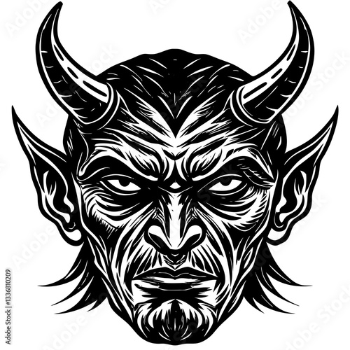 a detailed illustration of a devil's head with horns, showcasing a stern expression and intricate details