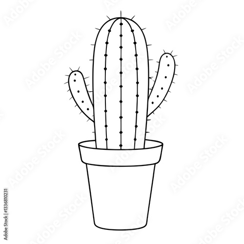 a simple black and white line drawing of a cactus in a pot. The cactus is tall with several arms, and the pot is cylindrical vector illustration