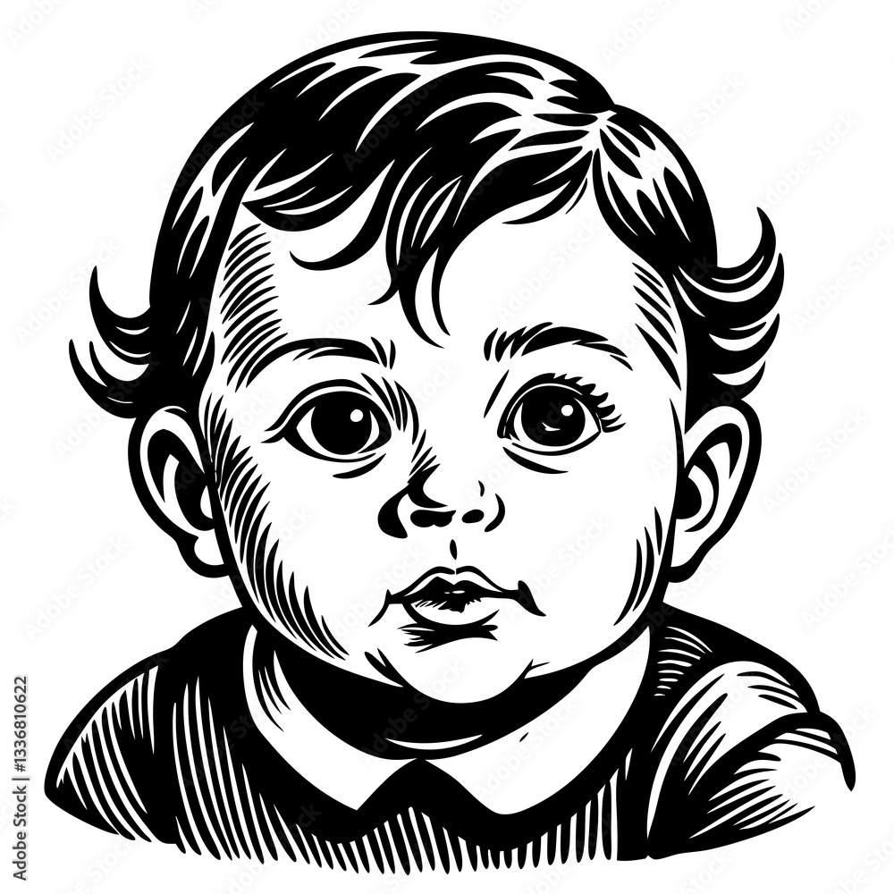 a captivating black and white illustration of a baby with big, expressive eyes, exuding innocence a captivating black and white illustration of a baby with big, expressive eyes, exuding innocence